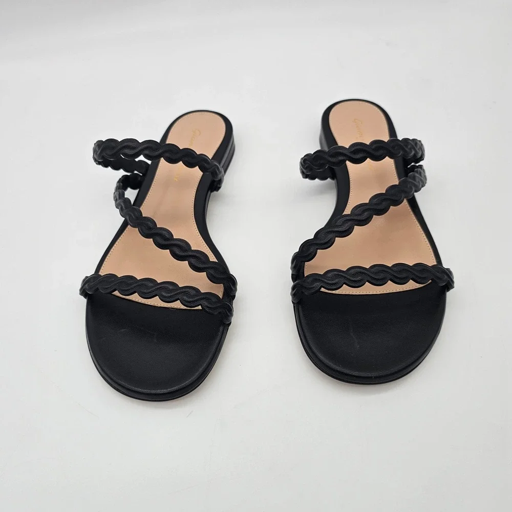 Gianvito Rossi Sandals Women Kay 05 Black Braided Nappa Leather Flat Slides SZ 9